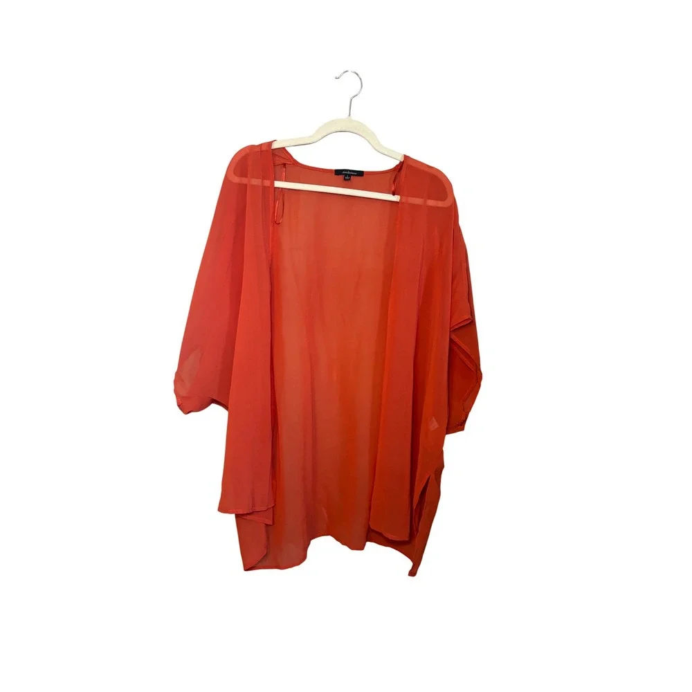 Ambiance Womens Kimono L Orange Sheer Open Front Chiffon Cardigan Boho Beach